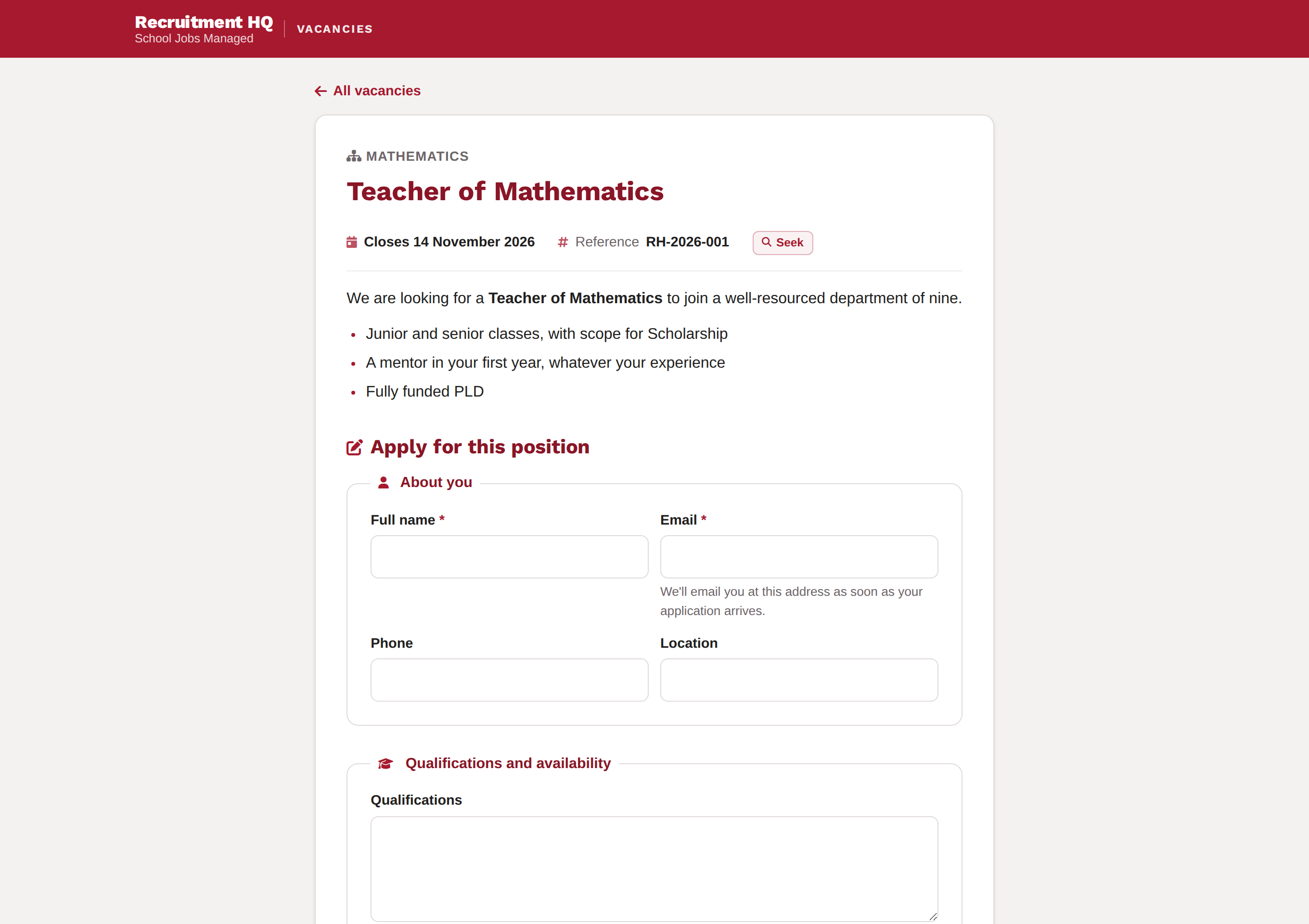 A vacancy page with the application form beneath it.